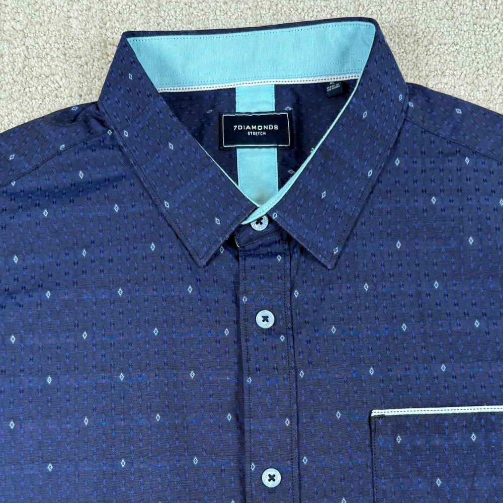 7 Diamonds Mens XL Navy Blue Sudden Impact Jacquard Stretch Button Up Shirt